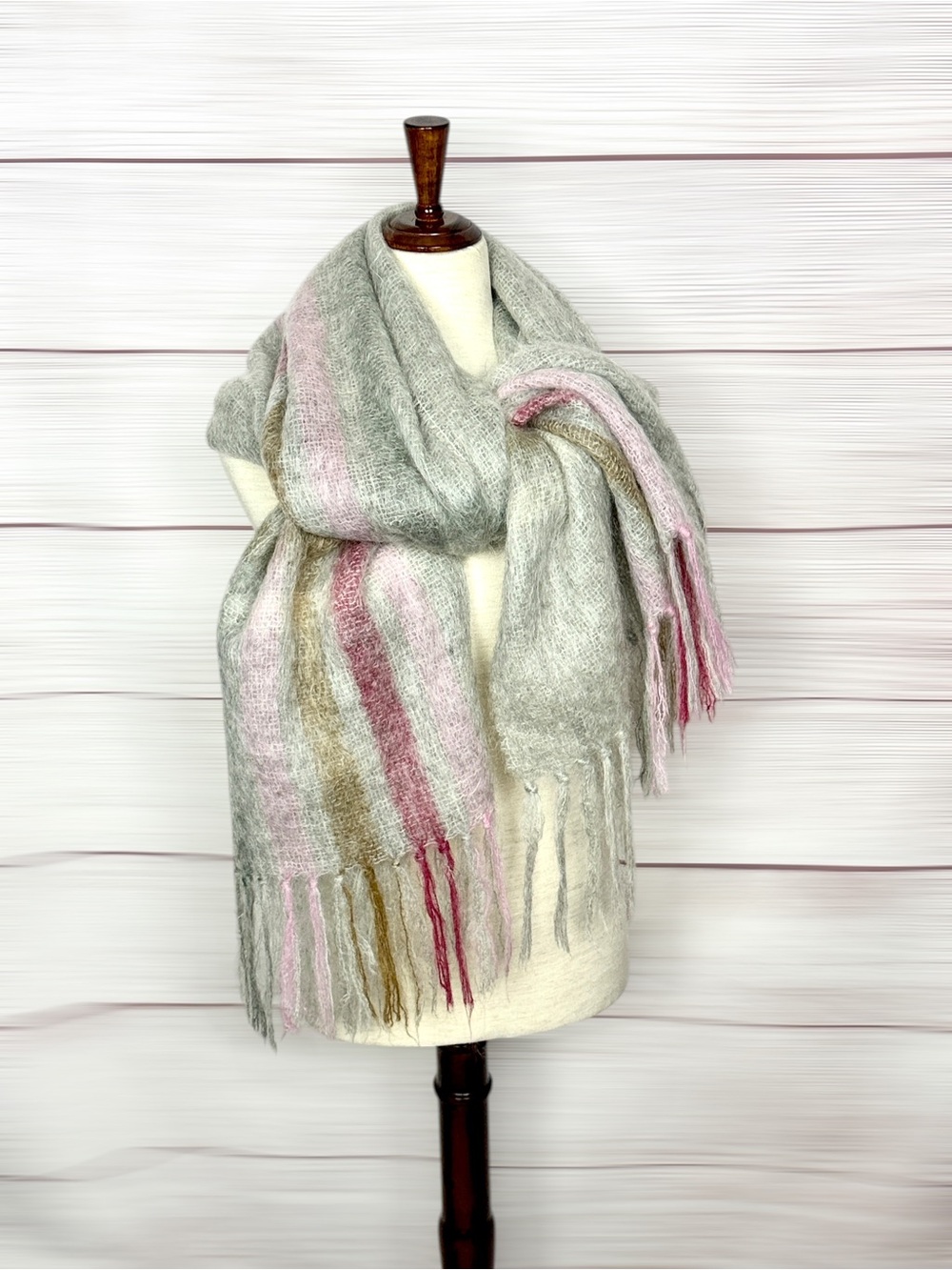 Large Brushed Mohair Scarf Shawl Wrap Gray Pink Tan Striped Fringe 23x74 Vtg